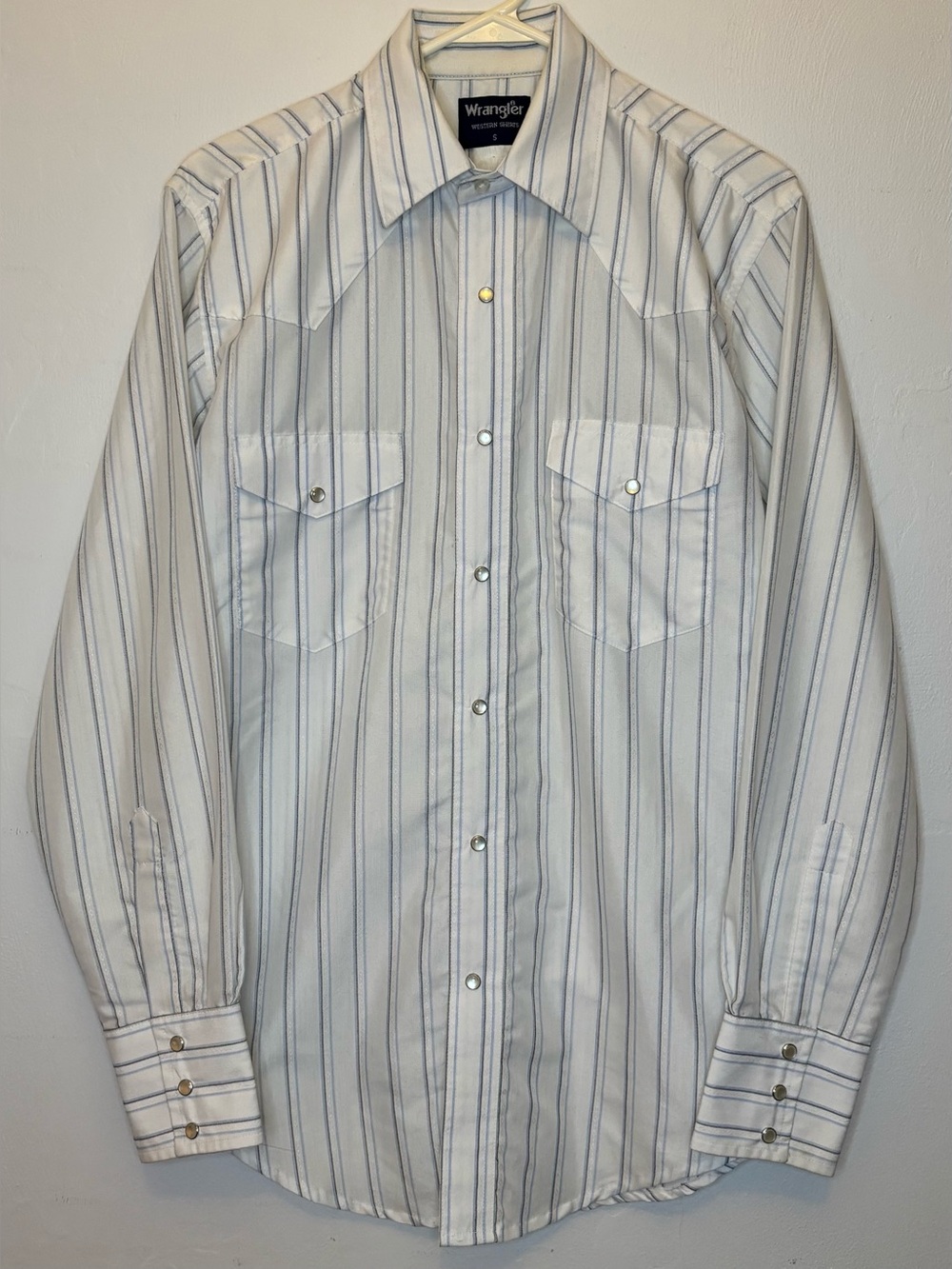 Wrangler Vintage Western Pearl Snap Shirt Mens Size S White Blue Dobby Stripe
